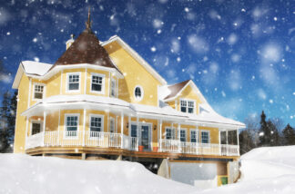 Cozy Modern Yellow House with Light Snow Fall - Creative Stock Images and Animations for all your Needs at Budget Price.