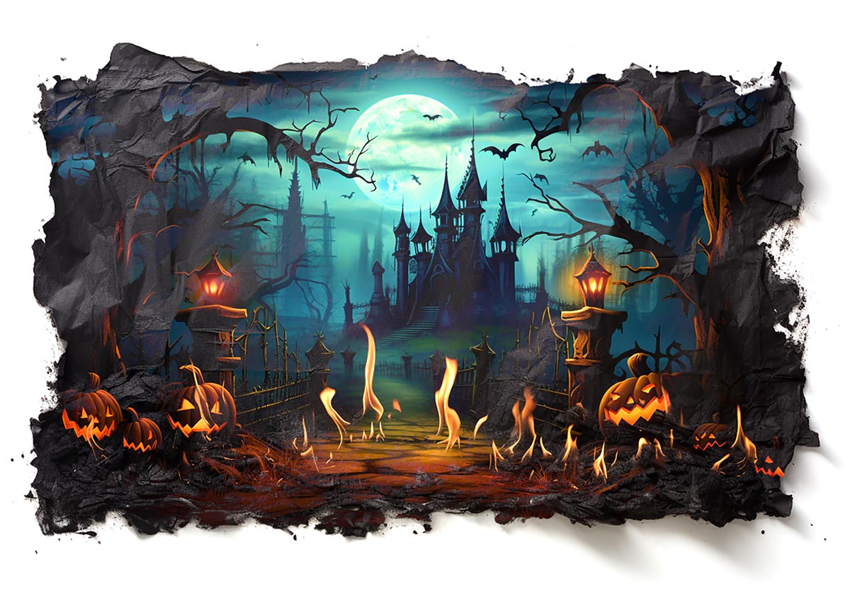 Spooky Halloween Castle with Pumpkins on Burned Paper