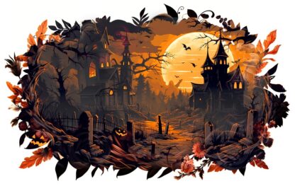Spooky Halloween Scene on Dead Autumn Leaves Art